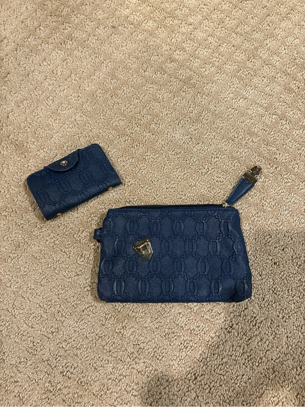 Navy Embossed Wristlet and Card Case Set